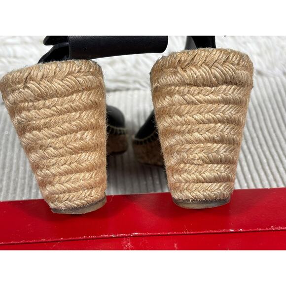 Celine Paris Leather Espadrille Wedge Heel Size 41 US 11 Black Peep Toe - Picture 6 of 8
